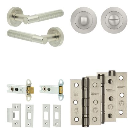 Complete Venice Door Handle Pack - Heavy Duty Tubular Bathroom (Standard Thumb Turn) - Satin Nickel - 76mm / 3-inch Hinges - JE-F31B3-SN