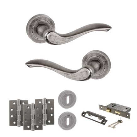 Old English Warwick Door Handle Pack (3 Lever Lock Set - 2.5" CE Sashlock, 4" Fire Rated Hinges x3) - Distressed Silver