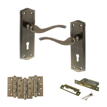 Old English Warwick Door Handle Pack (3 Lever Lock Set - 2.5" CE Sashlock, 4" Fire Rated Hinges x3) - Antique Brass