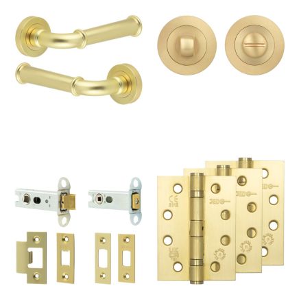 Complete Classic Door Handle Pack - Heavy Duty Tubular Bathroom (Standard Thumb Turn) - Satin Brass - 76mm / 4-inch Hinges - JE-A31A3-SB