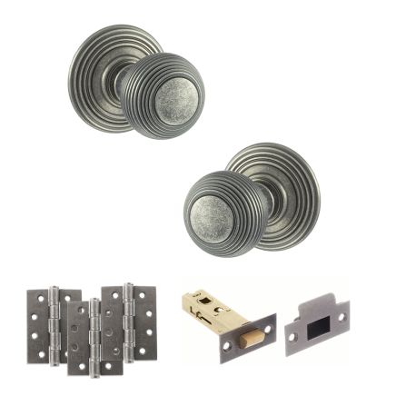 Old English Ripon Door Knob Pack (Latch Set - 3" HD Latch, 4" Fire Rated Hinges x3) - Distressed Silver