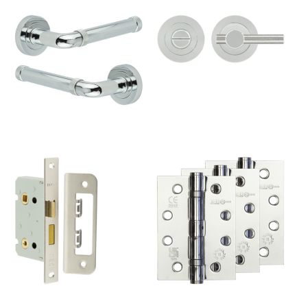 Complete Midtown Door Handle Pack - Bathroom Lock (Knurled Thumb Turn) - Polished Chrome - 65mm / 4-inch Hinges - JE-G5A1-PC