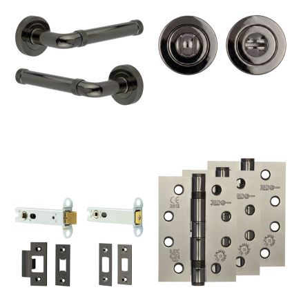 Complete Midtown Door Handle Pack - Heavy Duty Tubular Bathroom (Standard Thumb Turn) - Black Nickel - 102mm / 4-inch Hinges - JE-G32A3-BN