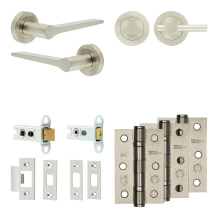 Complete Gio Door Handle Pack - Heavy Duty Tubular Bathroom (Plain Thumb Turn) - Satin Nickel - 64mm / 3-inch Hinges - JE-E30B2-SN