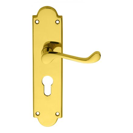 Victorian Scroll Lever On Shaped Euro Lock Backplate - Polished Brass