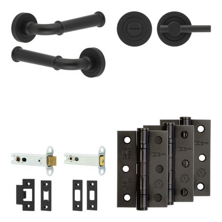 Complete Classic Door Handle Pack - Heavy Duty Tubular Bathroom (Plain Thumb Turn) - Matt Black - 102mm / 3-inch Hinges - JE-A32B2-MB