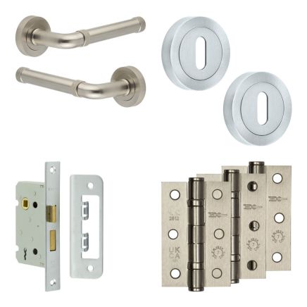 Complete Midtown Door Handle Pack - Sashlock - Satin Nickel - 65mm / 3-inch Hinges - JE-G7B8-SN