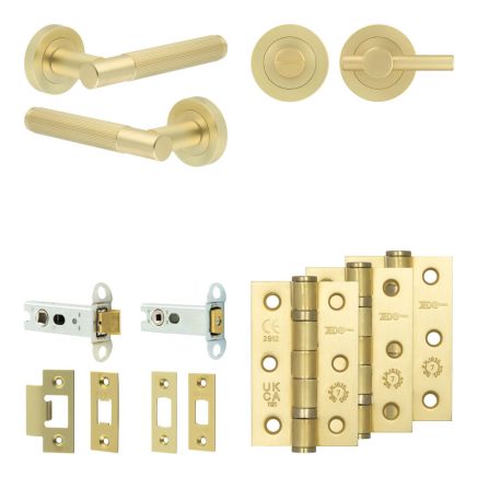 Complete Venice Door Handle Pack - Heavy Duty Tubular Bathroom (Plain Thumb Turn) - Satin Brass - 76mm / 3-inch Hinges - JE-F31B2-SB
