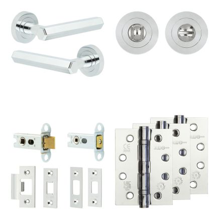 Complete Hex Door Handle Pack - Heavy Duty Tubular Bathroom (Standard Thumb Turn) - Polished Chrome - 64mm / 4-inch Hinges - JE-C30A3-PC