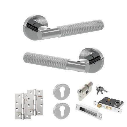 Senza Pari Rosarno Door Handle Pack (Euro Lock Set - 2.5" CE Sashlock, 4" Slim Knuckle Hinges x2) - Polished Chrome