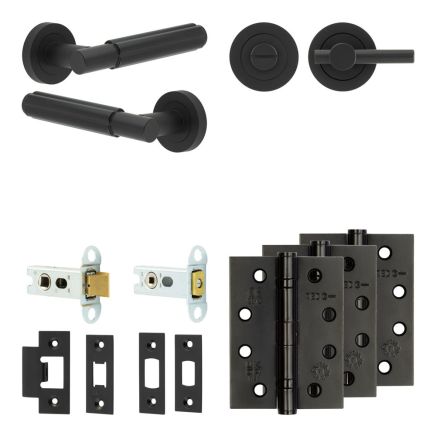 Complete Bloom Door Handle Pack - Heavy Duty Tubular Bathroom (Plain Thumb Turn) - Matt Black - 64mm / 4-inch Hinges - JE-B30A2-MB