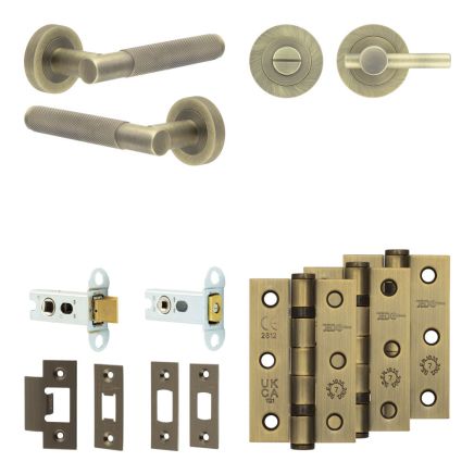 Complete Bari Door Handle Pack - Heavy Duty Tubular Bathroom (Plain Thumb Turn) - Antique Brass - 64mm / 3-inch Hinges - JE-D30B2-AB