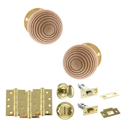 Old English Bridlington Door Knob Pack (Bathroom Set - 3" Deadbolt, 4" Fire Rated Hinges x3) - Polished Brass