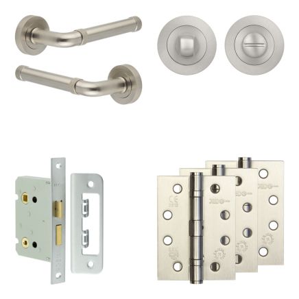 Complete Midtown Door Handle Pack - Bathroom Lock (Standard Thumb Turn) - Satin Nickel - 76mm / 4-inch Hinges - JE-G6A3-SN
