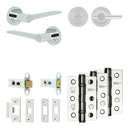 Complete Gio Door Handle Pack - Heavy Duty Tubular Bathroom (Plain Thumb Turn) - Polished Chrome - 64mm / 3-inch Hinges - JE-E30B2-PC