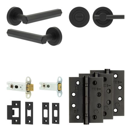 Complete Hex Door Handle Pack - Heavy Duty Tubular Bathroom (Plain Thumb Turn) - Matt Black - 76mm / 4-inch Hinges - JE-C31A2-MB