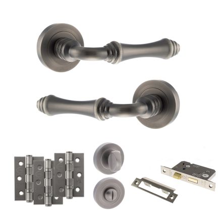 Old English Durham Door Handle Pack (Bathroom Set - 2.5" CE Bathroom Lock, 3" Fire Rated Hinges x3) - Matt Gun Metal