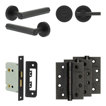 Complete Hex Door Handle Pack - Bathroom Lock (Plain Thumb Turn) - Matt Black - 76mm / 4-inch Hinges - JE-C6A2-MB