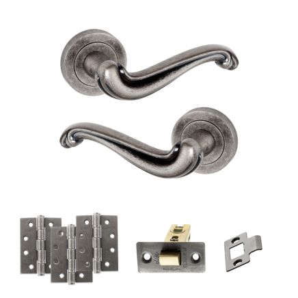 Old English Colchester Door Handle Pack (Latch Set - 2.5" CE Latch, 4" Fire Rated Hinges x3) - Distressed Silver