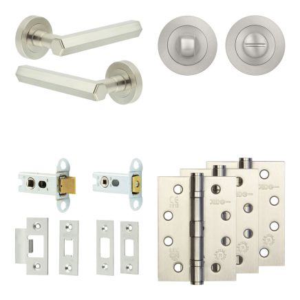 Complete Hex Door Handle Pack - Heavy Duty Tubular Bathroom (Standard Thumb Turn) - Satin Nickel - 64mm / 4-inch Hinges - JE-C30A3-SN
