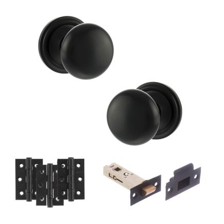 Old English Harrogate Door Knob Pack (Latch Set - 3" HD Latch, 3" Fire Rated Hinges x3) - Matt Black