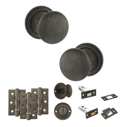 Old English Harrogate Door Knob Pack (Bathroom Set - 4" Deadbolt, 3" Fire Rated Hinges x3) - Urban Bronze