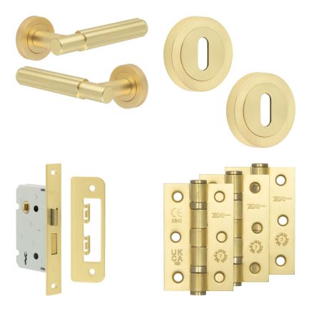Complete Bloom Door Handle Pack - Sashlock - Satin Brass - 65mm / 3-inch Hinges - JE-B7B8-SB