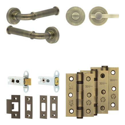 Complete Classic Door Handle Pack - Heavy Duty Tubular Bathroom (Plain Thumb Turn) - Antique Brass - 64mm / 3-inch Hinges - JE-A30B2-AB