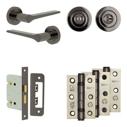 Complete Gio Door Handle Pack - Bathroom Lock (Standard Thumb Turn) - Black Nickel - 76mm / 3-inch Hinges - JE-E6B3-BN
