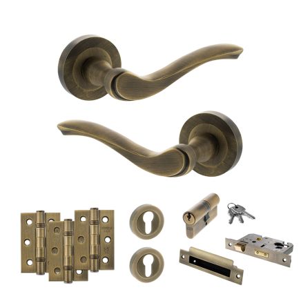Old English Warwick Door Handle Pack (Euro Lock Set - 2.5" CE Sashlock, 3" Fire Rated Hinges x3) - Matt Antique Brass
