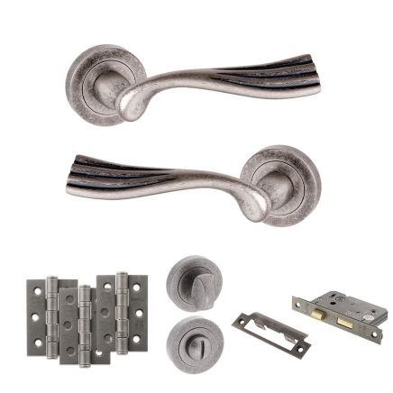 Old English Richmond Door Handle Pack (Bathroom Set - 3" CE Bathroom Lock, 3" Fire Rated Hinges x3) - Distressed Silver