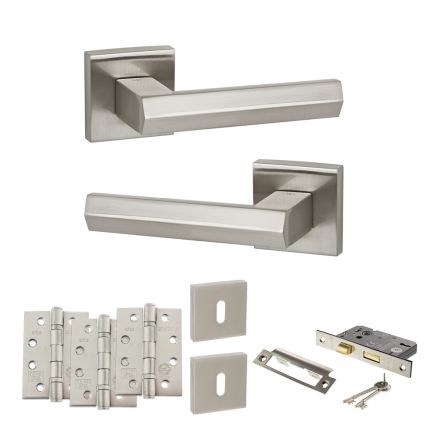 Senza Pari Davoli Door Handle Pack (3 Lever Lock Set - 3" CE Sashlock, 4" Fire Rated Hinges x3) - Satin Nickel
