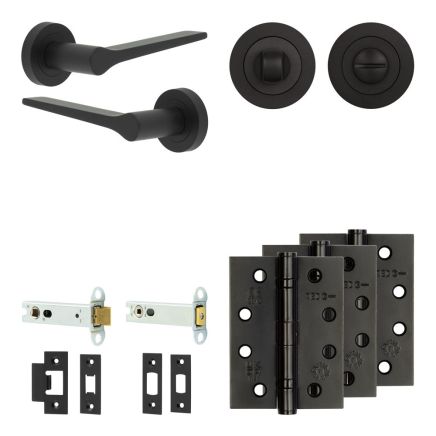 Complete Gio Door Handle Pack - Heavy Duty Tubular Bathroom (Standard Thumb Turn) - Matt Black - 102mm / 4-inch Hinges - JE-E32A3-MB