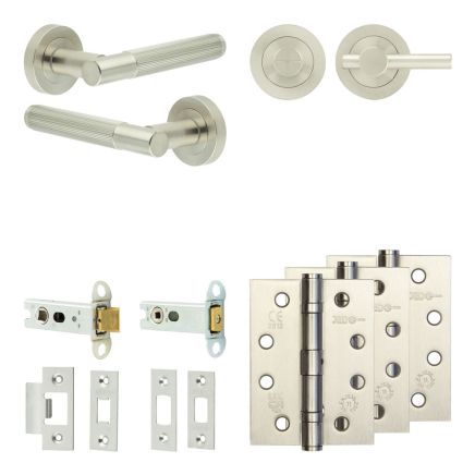 Complete Venice Door Handle Pack - Heavy Duty Tubular Bathroom (Plain Thumb Turn) - Satin Nickel - 76mm / 4-inch Hinges - JE-F31A2-SN