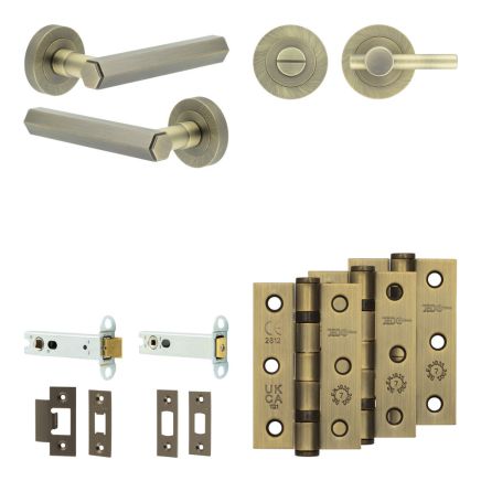 Complete Hex Door Handle Pack - Heavy Duty Tubular Bathroom (Plain Thumb Turn) - Antique Brass - 102mm / 3-inch Hinges - JE-C32B2-AB