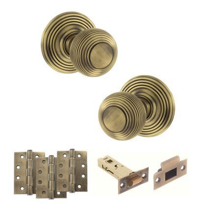 Old English Ripon Door Knob Pack (Latch Set - 3" HD Latch, 4" Fire Rated Hinges x3) - Matt Antique Brass