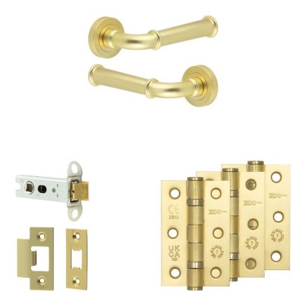 Complete Classic Door Handle Pack - Heavy Duty Latch - Satin Brass - 76mm / 3-inch Hinges - JE-A21B-SB