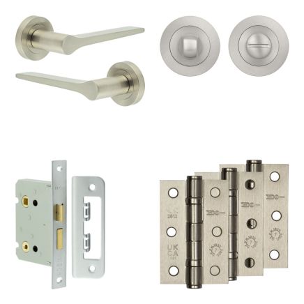Complete Gio Door Handle Pack - Bathroom Lock (Standard Thumb Turn) - Satin Nickel - 76mm / 3-inch Hinges - JE-E6B3-SN