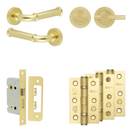 Complete Classic Door Handle Pack - Bathroom Lock (Plain Thumb Turn) - Satin Brass - 65mm / 3-inch Hinges - JE-A5B2-SB