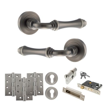 Old English Durham Door Handle Pack (Euro Lock Set - 2.5" CE Sashlock, 4" Fire Rated Hinges x3) - Matt Gun Metal