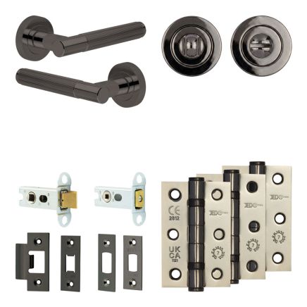 Complete Venice Door Handle Pack - Heavy Duty Tubular Bathroom (Standard Thumb Turn) - Black Nickel - 64mm / 3-inch Hinges - JE-F30B3-BN
