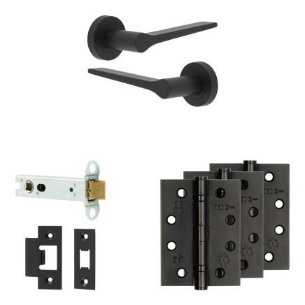 Complete Gio Door Handle Pack - Heavy Duty Latch - Matt Black - 102mm / 4-inch Hinges - JE-E22A-MB