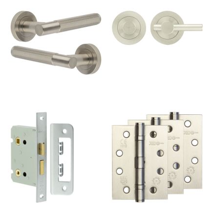 Complete Bari Door Handle Pack - Bathroom Lock (Plain Thumb Turn) - Satin Nickel - 76mm / 4-inch Hinges - JE-D6A2-SN
