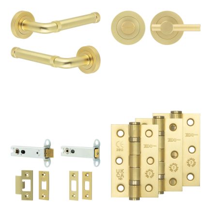 Complete Midtown Door Handle Pack - Heavy Duty Tubular Bathroom (Knurled Thumb Turn) - Satin Brass - 102mm / 3-inch Hinges - JE-G32B1-SB
