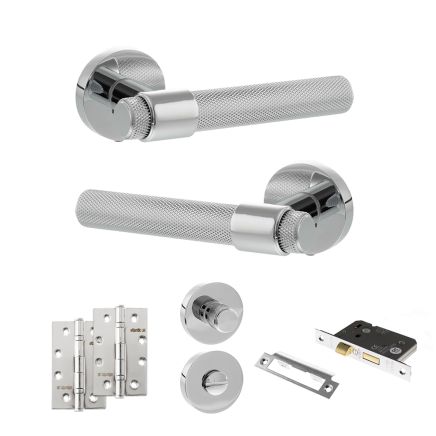 Senza Pari Andretta Door Handle Pack (Bathroom Set - 2.5" CE Bathroom Lock, 4" Slim Knuckle Hinges x2) - Polished Chrome
