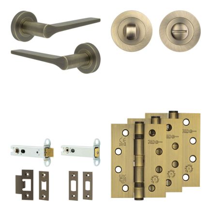Complete Gio Door Handle Pack - Heavy Duty Tubular Bathroom (Standard Thumb Turn) - Antique Brass - 102mm / 4-inch Hinges - JE-E32A3-AB
