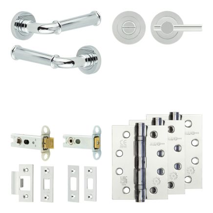 Complete Classic Door Handle Pack - Heavy Duty Tubular Bathroom (Plain Thumb Turn) - Polished Chrome - 76mm / 4-inch Hinges - JE-A31A2-PC