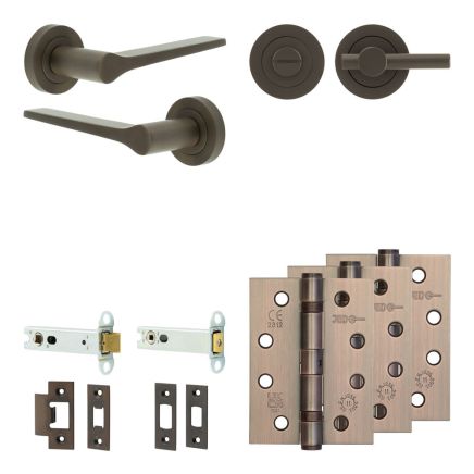 Complete Gio Door Handle Pack - Heavy Duty Tubular Bathroom (Plain Thumb Turn) - Dark Bronze - 102mm / 4-inch Hinges - JE-E32A2-DB