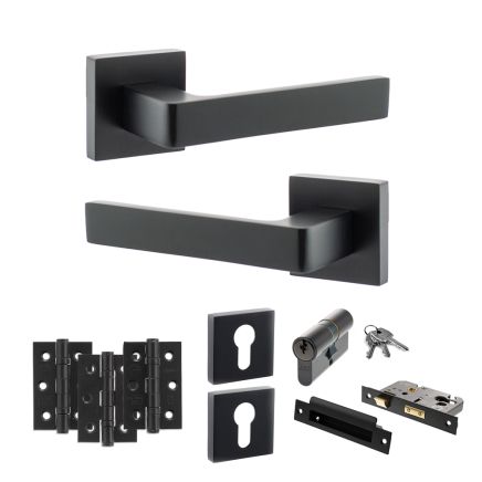 STATUS Montana Door Handle Pack (Euro Lock Set - 3" CE Sashlock, 3" Fire Rated Hinges x3) - Matt Black