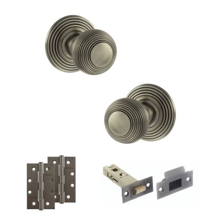 Old English Ripon Door Knob Pack (Latch Set - 3" HD Latch, 4" Slim Knuckle Hinges x2) - Matt Gun Metal